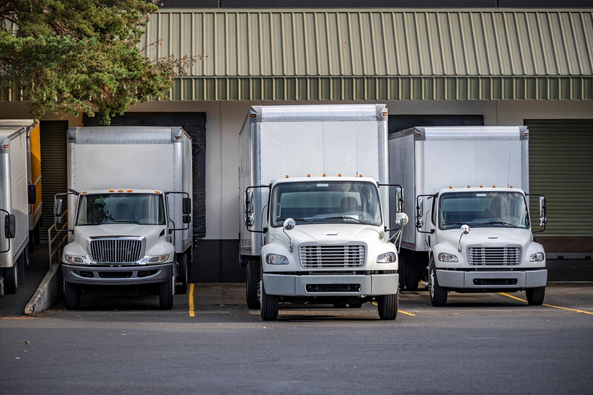 Middle duty rigs semi trucks with box trailers standing in warehouse dock with gates loading cargo for delivery